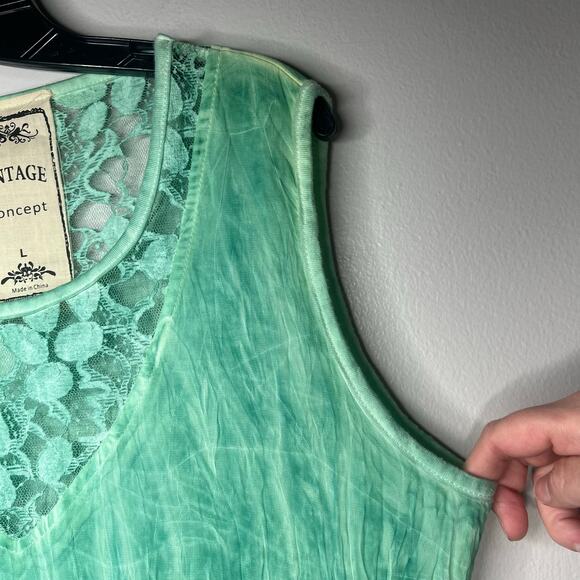 Women's Textured Fairy Grunge Sea Foam Green Dress Lace Inset Sz L Boho Hippie - Picture 8 of 15